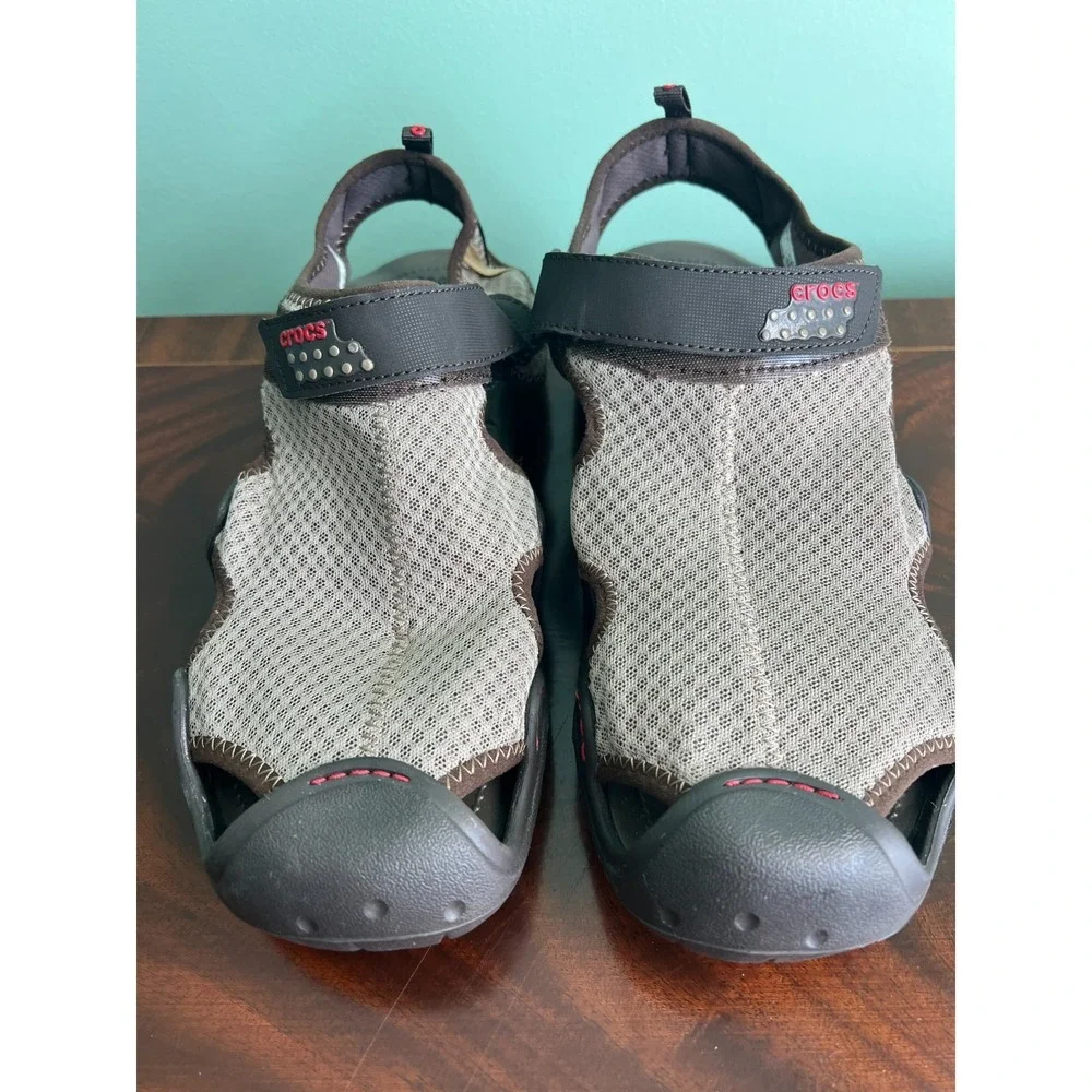 Crocs Swiftwater Mesh Deck Sandals Mens 12 Brown Water Hiking Shoes 15041